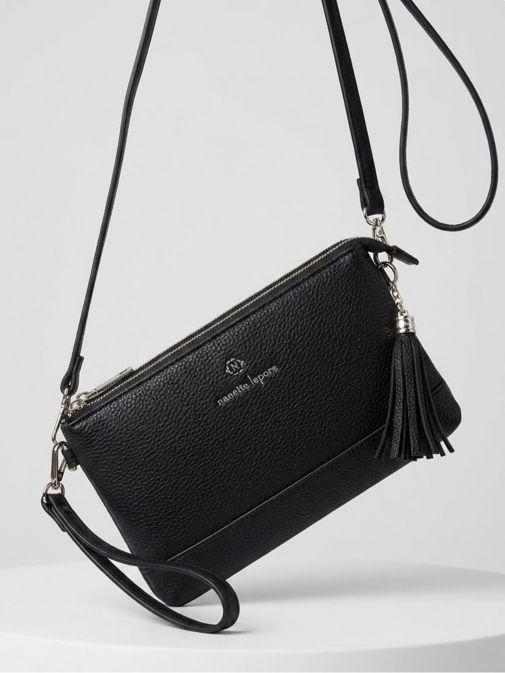 Nannette Lepore Black Pebbled Faux Leather Crossbody with Tassel- triple section